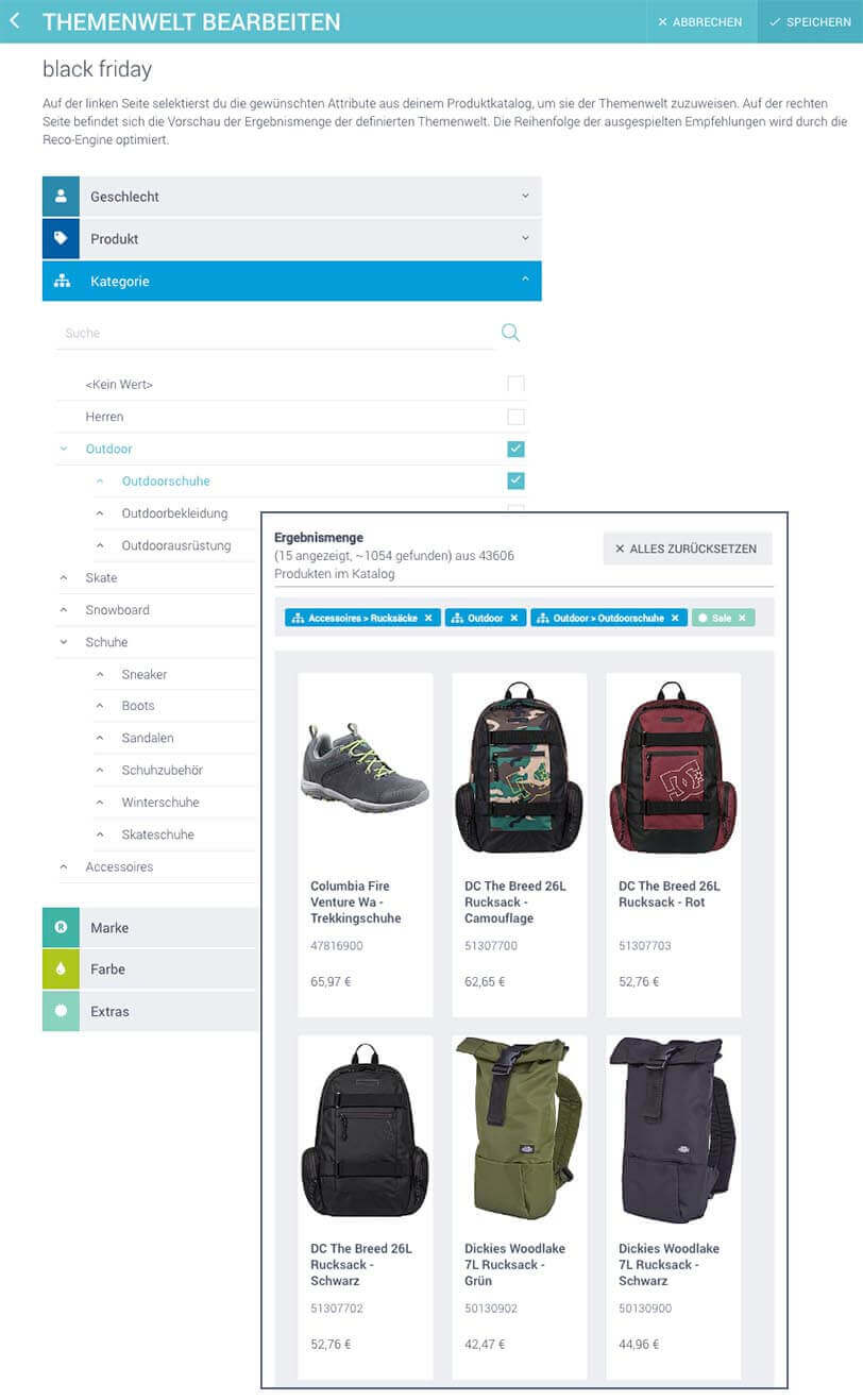 Das Bild zeigt einen Screenshot des Features Themenwelt im epoq Control Desk. Es geht um ein Beispiel für die Erstellung einer Themenwelt für eine Black-Friday-Aktion im Online Shop. Hierbei wurden die Kriterien Accessoires > Rucksäcke; Outdoor, Outdoor > Outdoorschuhe, und Sale.