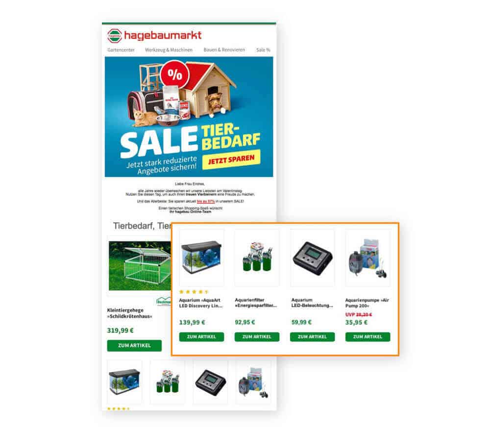 Screenshot of a theme e-mail from hagebaumarkt with personal recommendations on aquaristics.