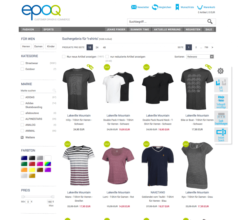 epoq Demo-Shop und die Anwendung der Suchtechnologie Umsortierung