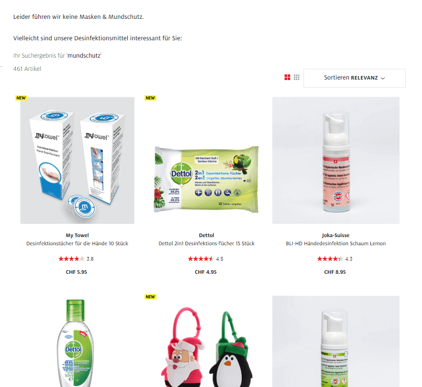 Der Screenshot zeigt die Suchergebnisseite zur Suchanfrage "mundschutz". Da diese Produkt nicht im Online Shop geführt wird, wird der Nutzer auf alternative Produkte hingewiesen.