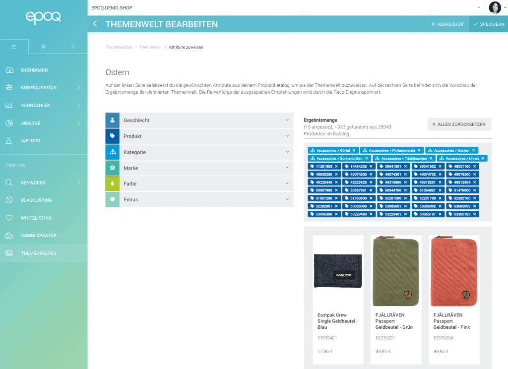 Der Screenshot zeigt den Bearbeitungsmodus des Features Themenwelt im epoq Control Desk.