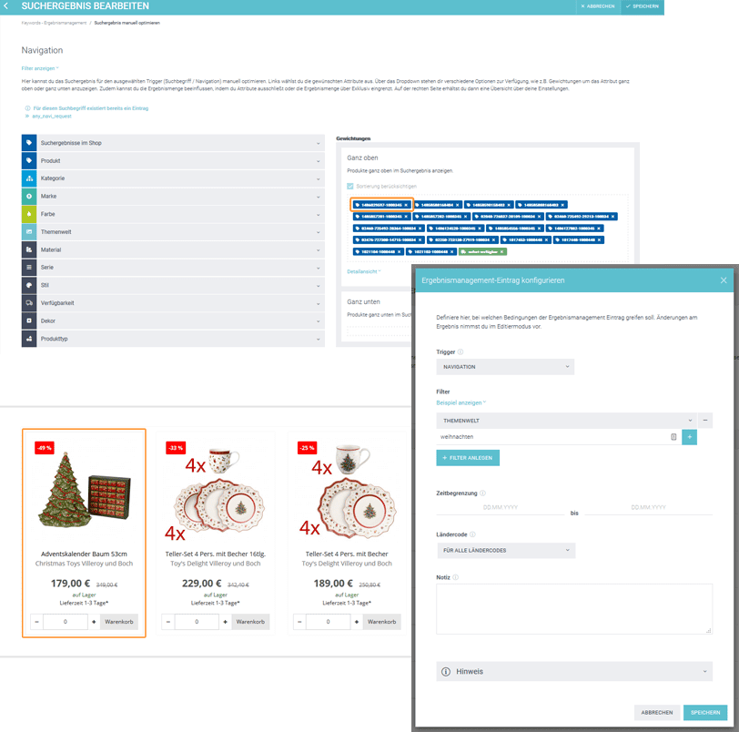 Der Screenshot zeigt den angelegten Ergebnismanagement-Eintrag und das Bearbeiten der Suchergebnisse im Control Desk von Tableware24.