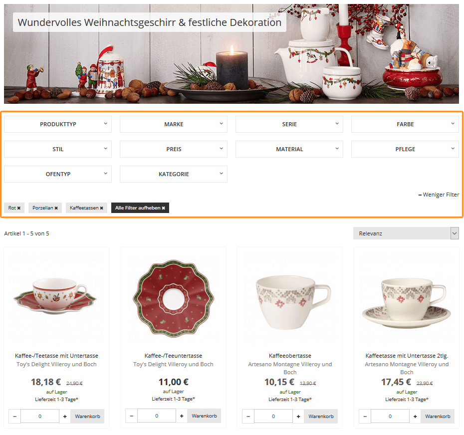 Der Screenshot zeigt die Möglichkeit, wie Kunden im Online Shop von Tableware24 die Produktauswahl über verschiedene Filter eingrenzen können. Im dargestellten Beispiel wurden die Filter Kaffeetassen, Porzellan und Rot gesetzt.