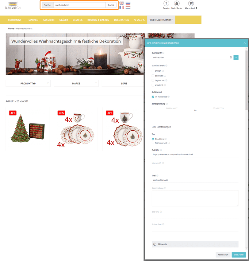Der Screenshot zeigt den angelegten Link Finder-Eintrag im Control Desk von Tableware24.