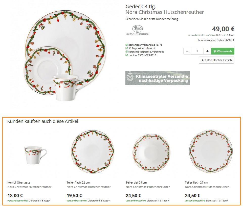 Der Screenshot zeigt eine Produktdetailseite im Online Shop von Tableware24. Hier werden zum ausgewählten Produkt passende Serienempfehlungen ausgespielt.