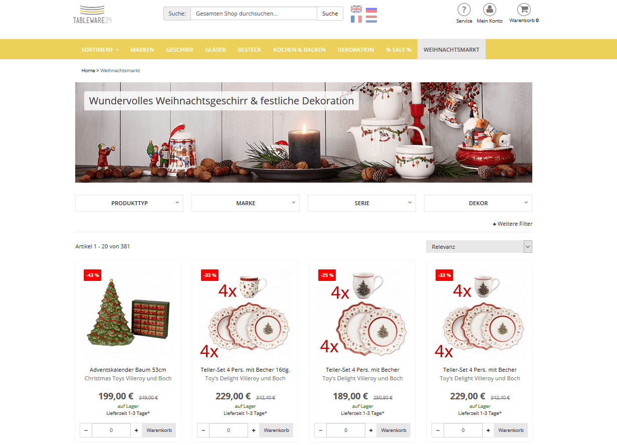 Der Screenshot zeigt die Shopseite "Weihnachtsmarkt" im Online Shop von Tableware24, auf der Kunden weihnachtliche Produkte finden.