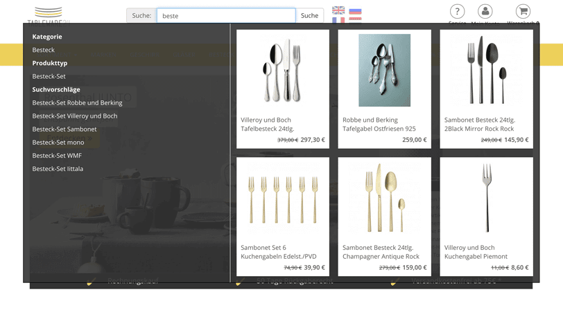 The screenshot shows the autosuggest function of the online shop Tableware24 for the search term "beste".