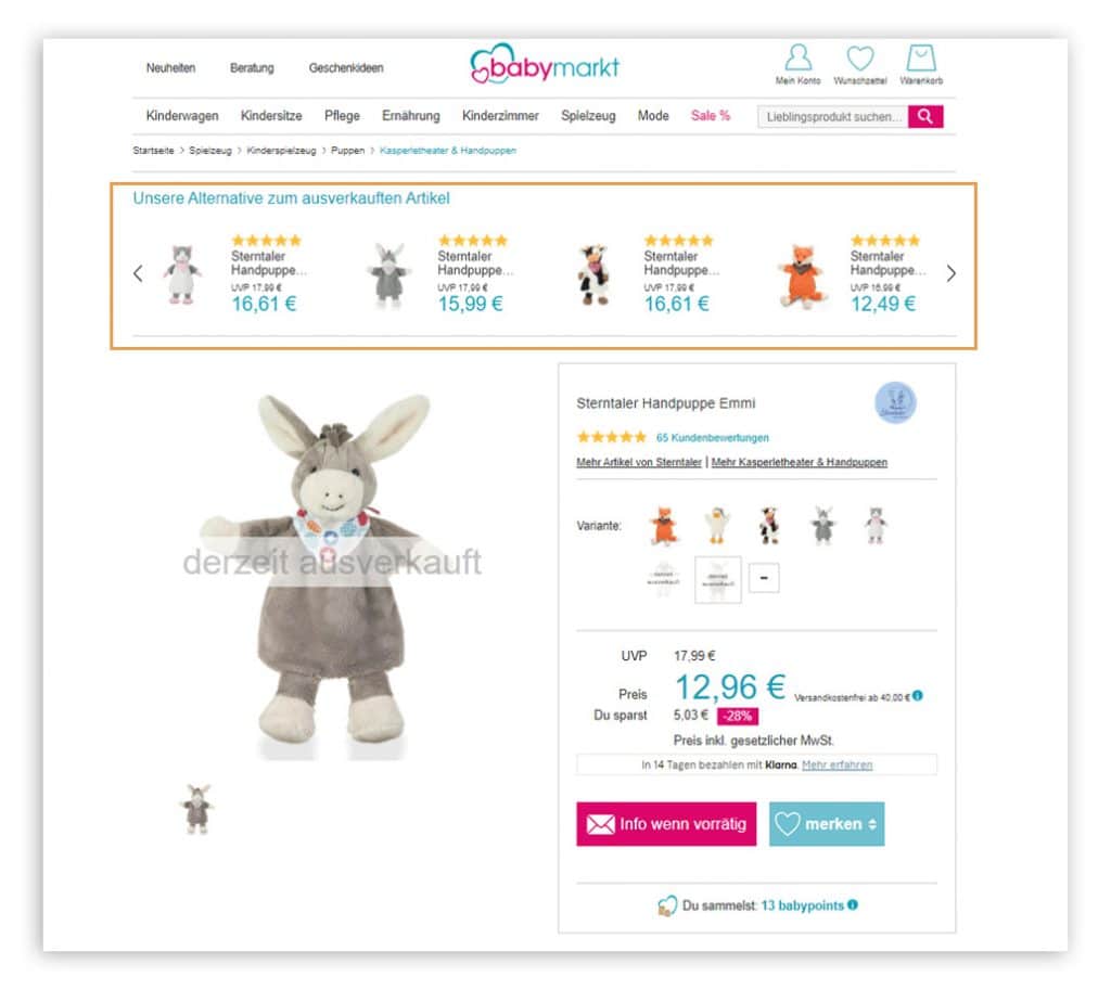 Der Screenshot zeigt eine Produktdetailseite des Online Shops babymarkt.de. Zu einem derzeit ausverkauften Produkt werden verschiedene Alternativen angezeigt. Besonders in der Peak Season können Artikel schnell vergriffen sein.