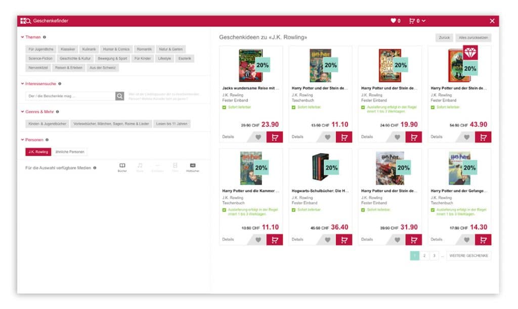 Der Screenshot zeigt den Geschenkefinder im Online Shop von Ex Libris. Dadurch wird in der Peak Season z. B. die Geschenke-Auswahl für Weihnachten erleichtert.