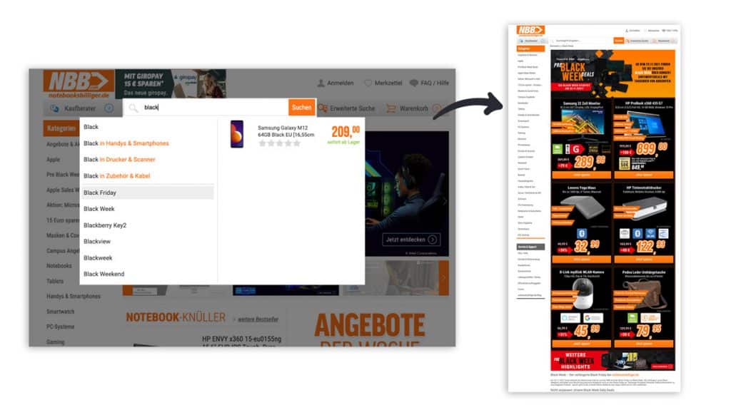 Der Screenshot zeigt eine Landingpage für die Black Week im Online Shop von notebooksbilliger.de. Sucht ein Kunde nach "black" werden passende Suchergebnisse vorgeschlagen.