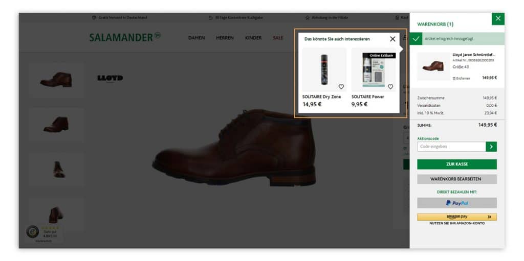 Der Screenshot zeigt Empfehlungen von Zusatzartikeln im Warenkorblayer im Online Shop von Salamander. Zusatzartikel können den Warenkorbwert in der E-Commerce Peak Season noch zusätzlich steigern.