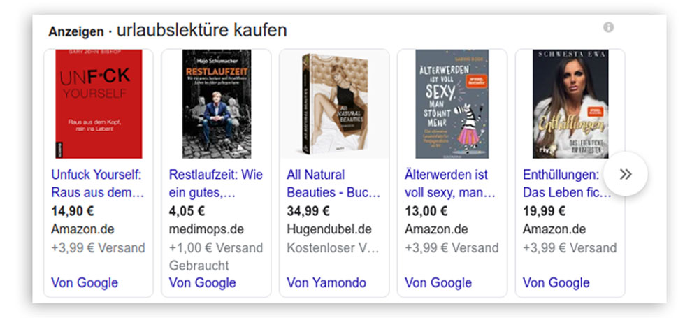 Hier sieht man ein weiteres Listing von Google, welches Ergebnisse zum Suchbegriff "urlaubslektüre kaufen" anzeigt.