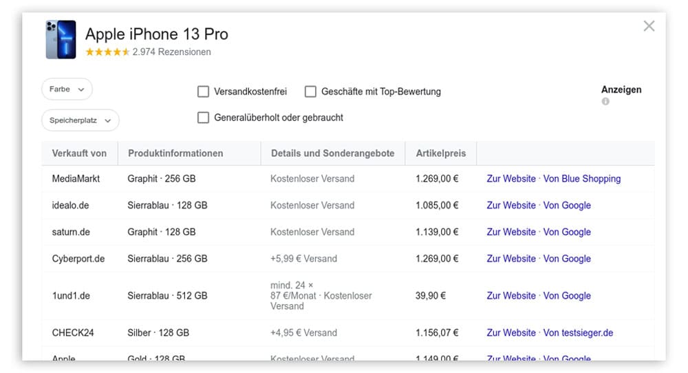 Hier sieht man ein Preislisting des iPhone 13 Pro von Google.