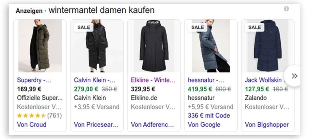 Auf dem Bild sind Suchergebnisse für den Suchbegriff "wintermantel damen kaufen" gelistet.