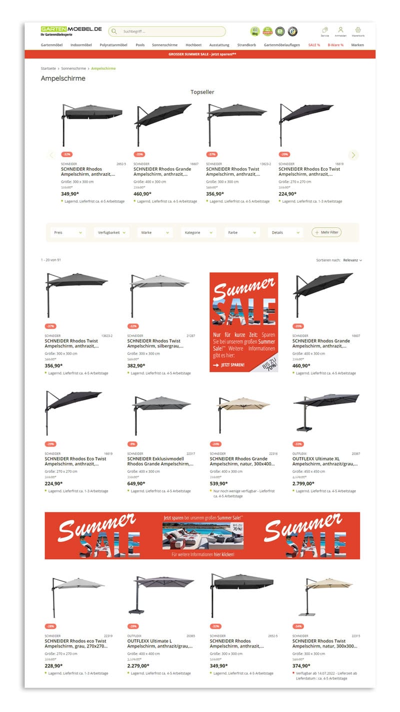 Dargestellt ist die Kategorieseite "Ampelschirme" im Online Shop gartenmoebel.de mit Topseller-Empfehlungen sowie die Produktliste der Kategorie.