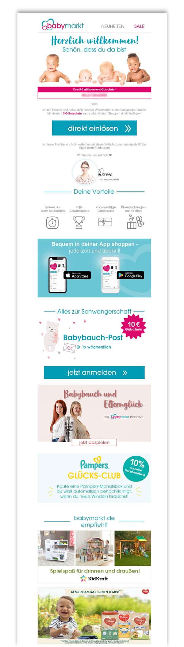 Dargestellt ist eine Willkommensmail von babymarkt.de, in der Kunden einen Überblick über verschiedene Themen und Formate erhalten.