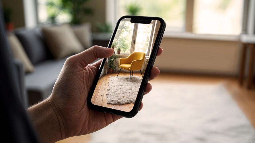 Das Bild zeigt den E-Commerce der Zukunft: Eine Person projiziert mithilfe eines Smartphones einen Stuhl in einen Raum.
