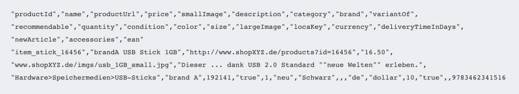Das Bild zeigt ein Beispiel für Produktdaten im CSV-Format.