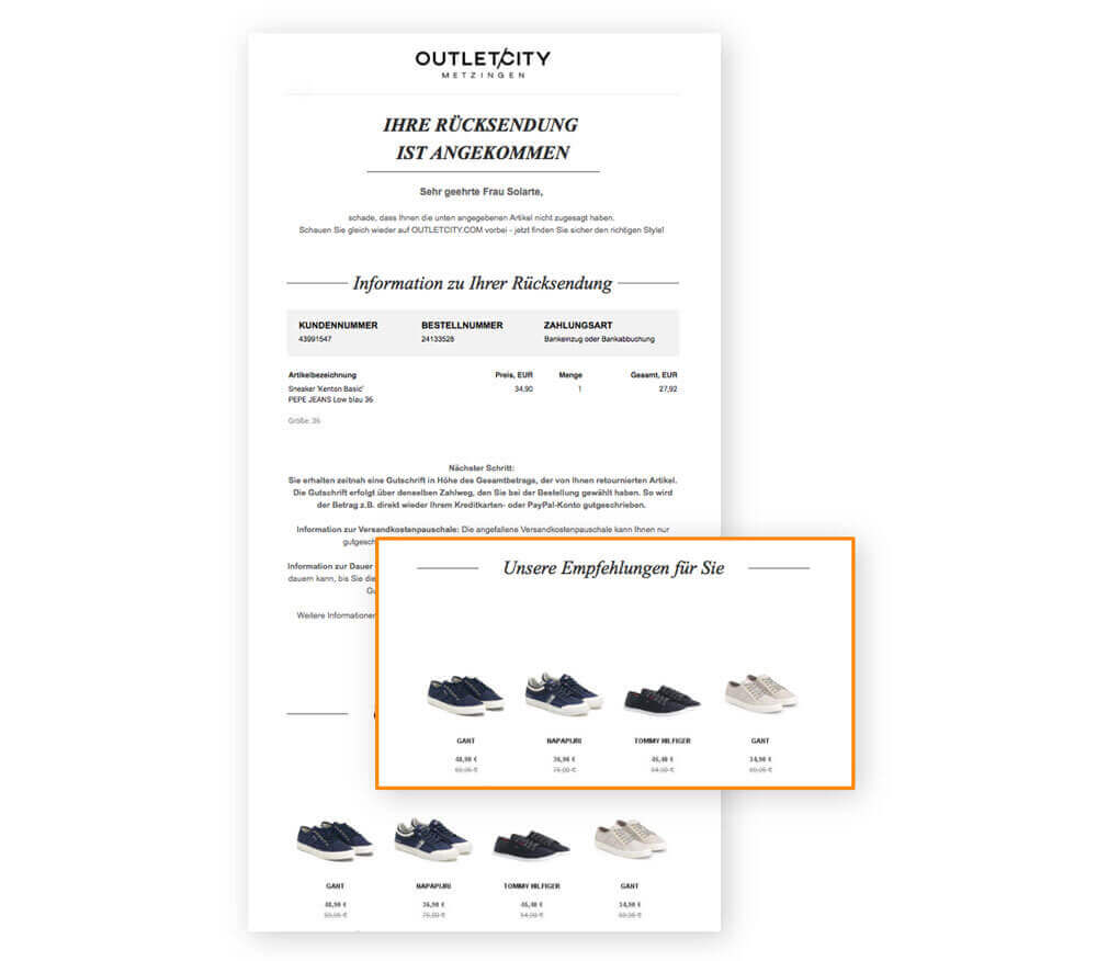 A screenshot from an email from Outletcity Metzingen shows a returns email with personal recommendations for the return item, which was sent via email automation and personalisation.