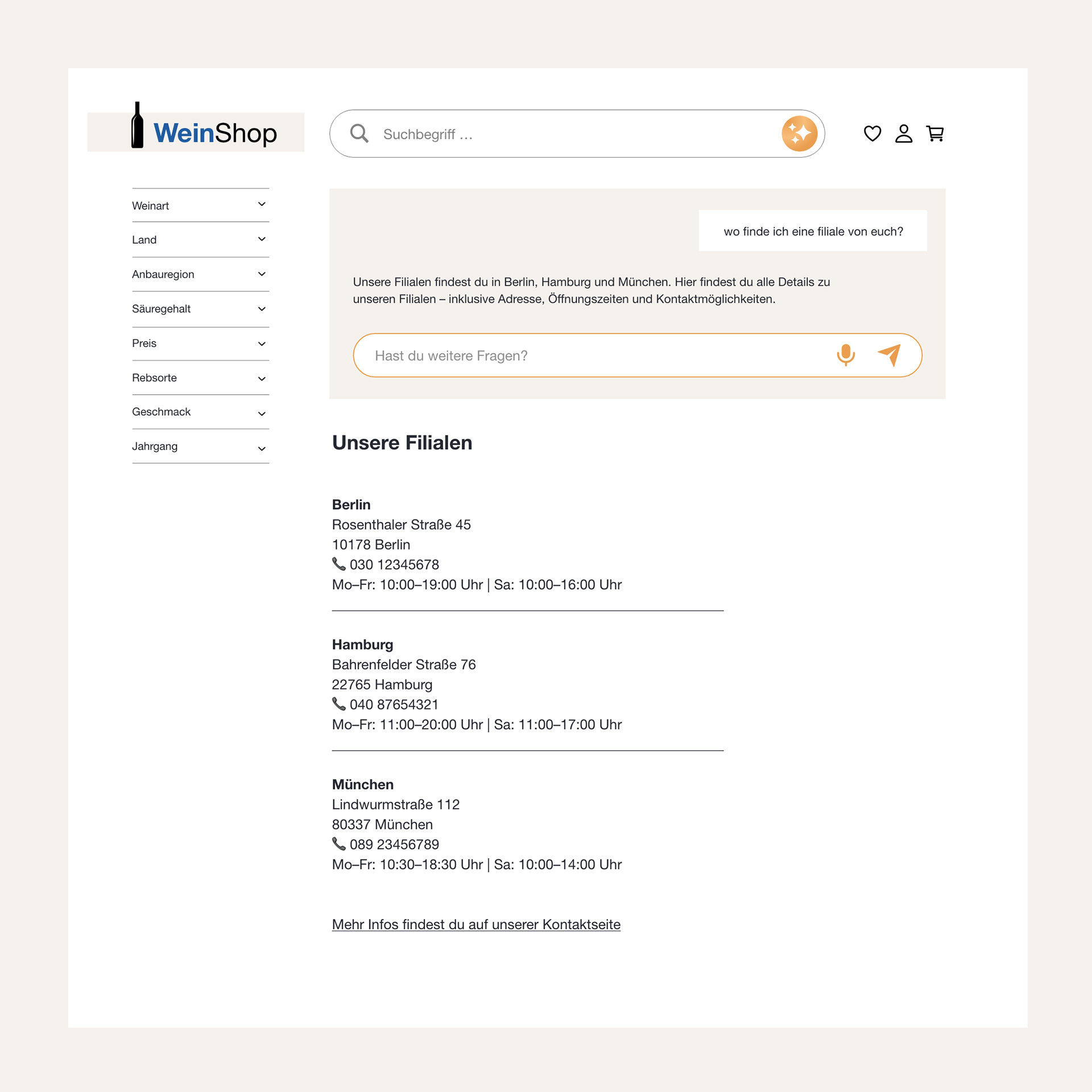 Beispielhafte Darstellung eines Weinshops mit einem AI Shopping Assistant, der auf die Frage "wo finde ich eine filiale von euch?" die passenden Informationen zu den Standorten sowie einen Link zur Kontaktseite bereitstellt.