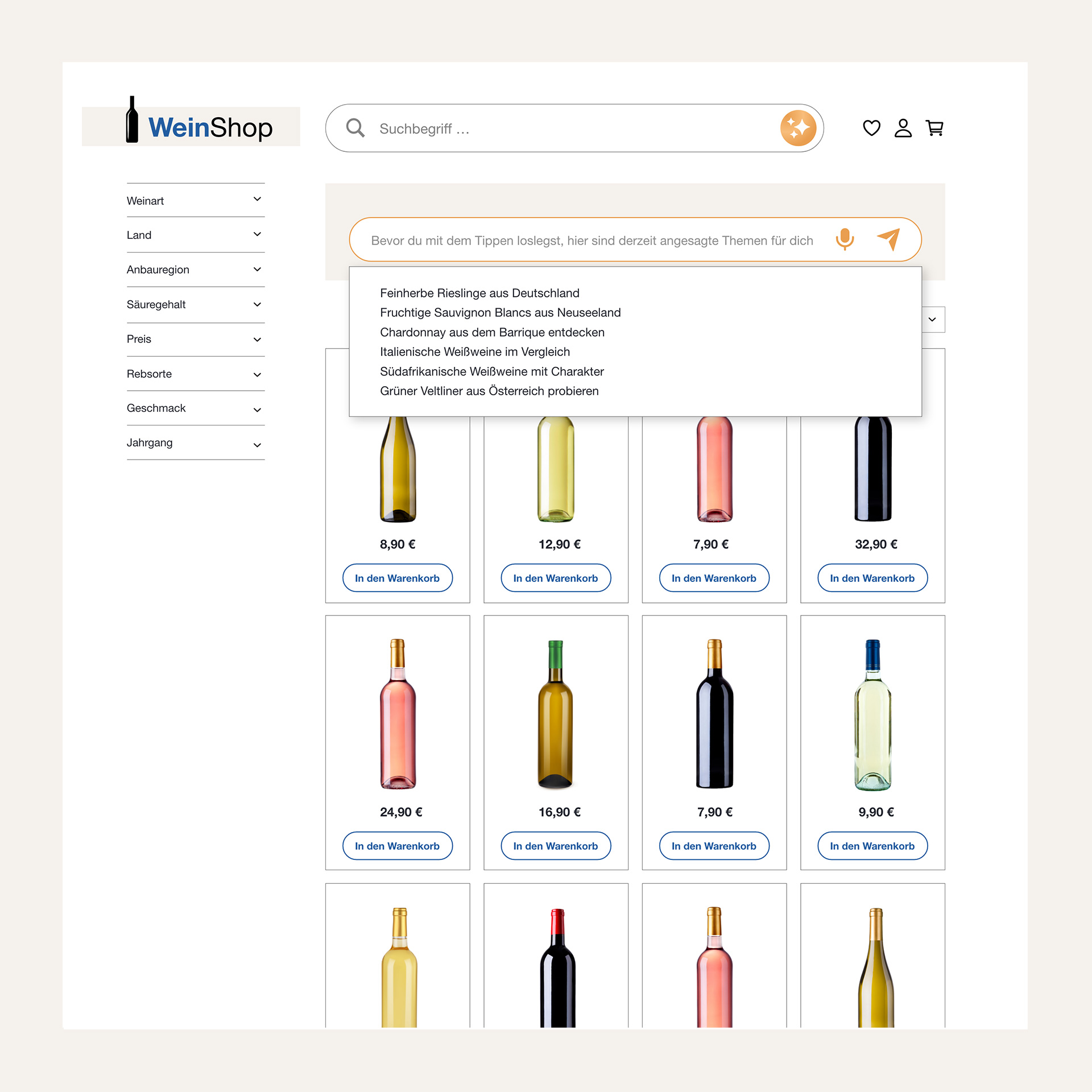 Beispielhafte Darstellung eines Weinshops mit einem AI Shopping Assistant, der beim Einstieg passende Konversationsstarter wie "Feinherbe Rieslinge aus Deutschland" oder "Fruchtige Sauvignon Blancs aus Neuseeland" vorschlägt.