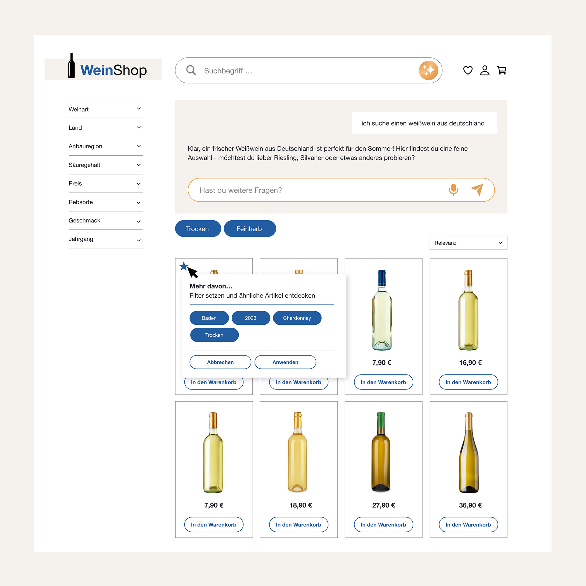 Beispielhafte Darstellung eines Weinshops mit einem AI Shopping Assistant, der zur Anfrage "ich suche einen weißwein aus deutschland" neben passenden Ergebnissen auch hilfreiche Tags wie "Trocken" oder "Feinherb" anzeigt.