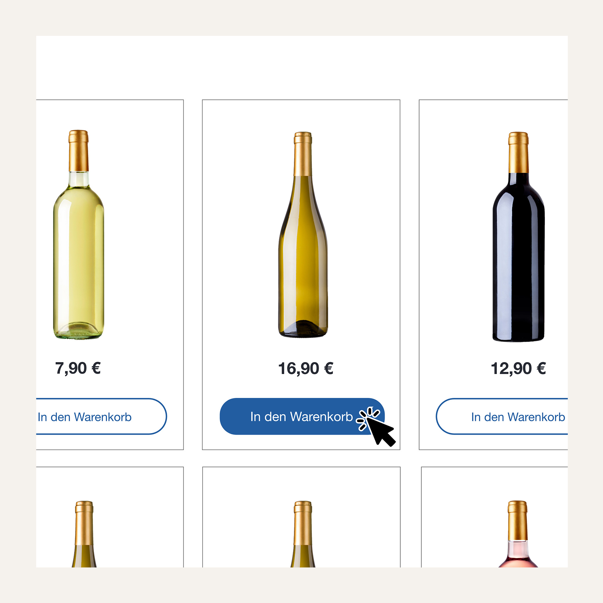 Beispielhafte Darstellung eines Weinshops mit einem AI Shopping Assistant, bei dem Kunden Produkte der Ergebnisliste direkt in den Warenkorb legen können.