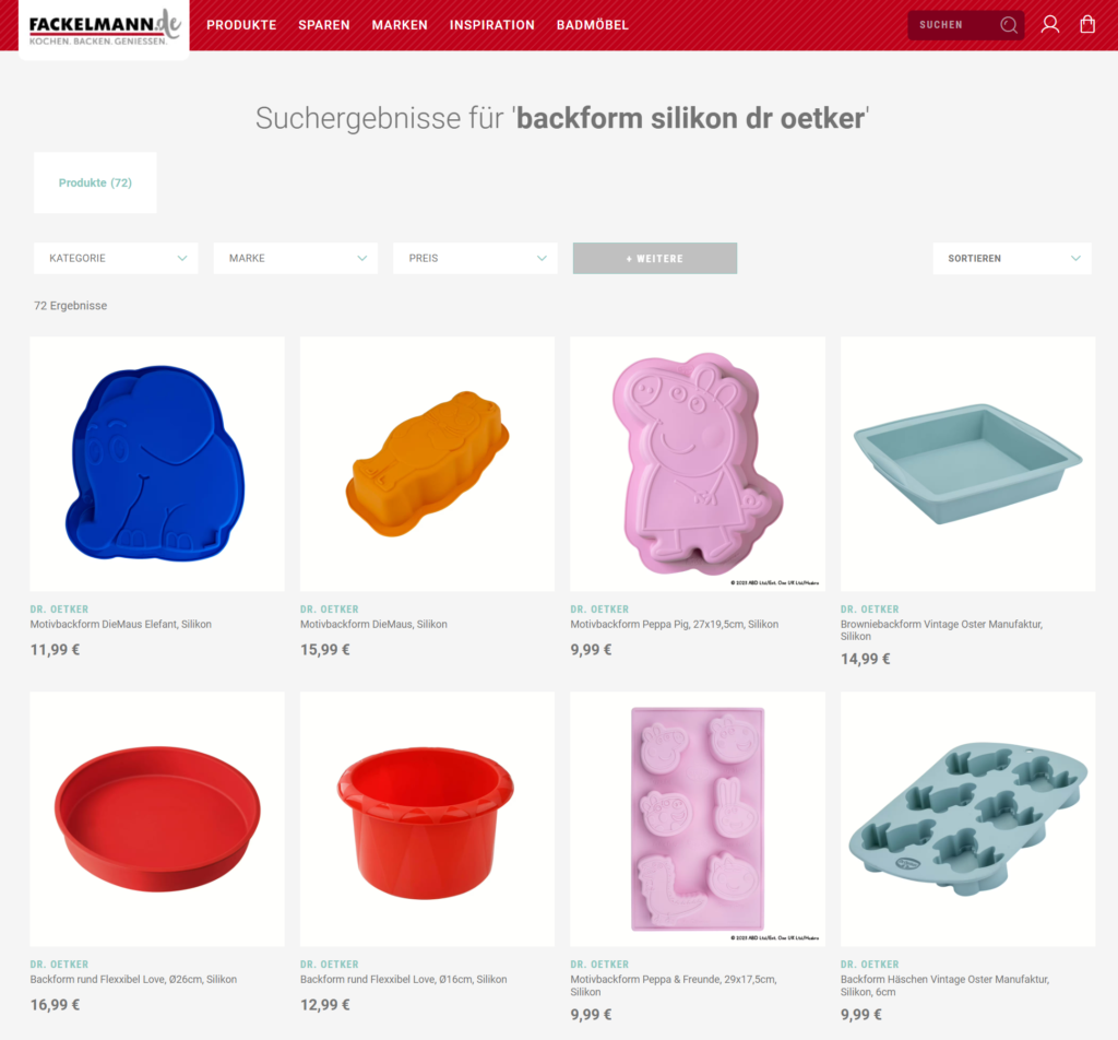Darstellung einer Suchanfrage im Online Shop von Fackelmann nach „backform silikon dr oetker“, bei der die semantische Suche passende Produkte mit allen relevanten Eigenschaften liefert.