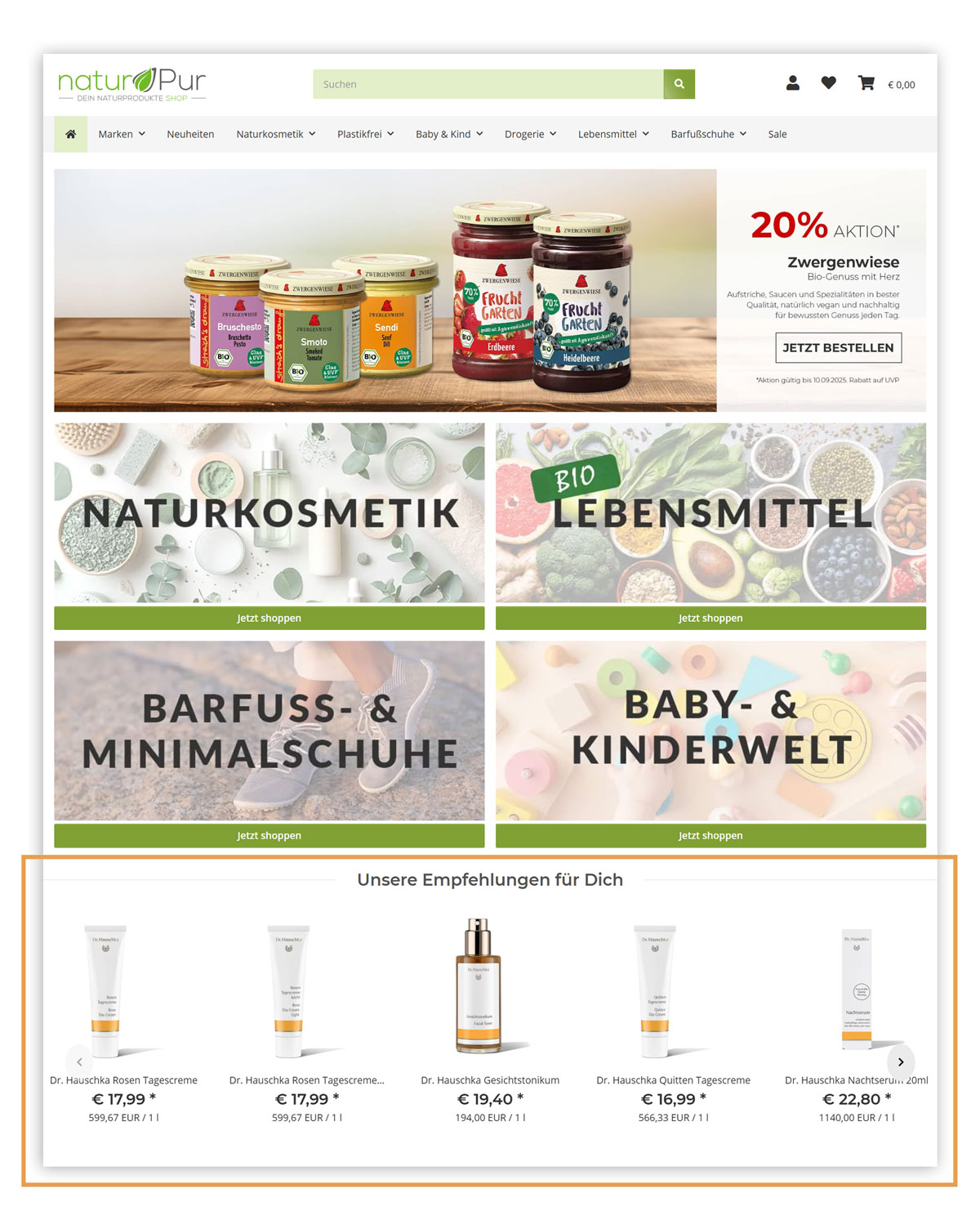 Screenshot der Startseite des naturPur Online Shops als Beispiel für E-Commerce-Personalisierung: Für wiederkehrende Kunden werden personalisierte Produktempfehlungen basierend auf der bisherigen Einkaufshistorie angezeigt, während Neukunden Topseller sehen.