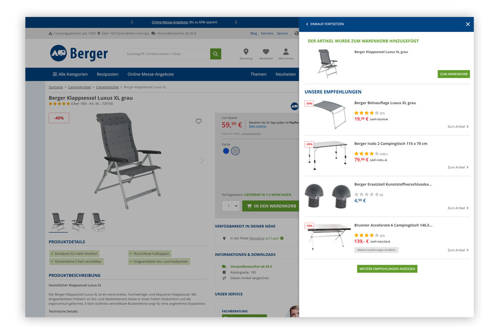 Screenshot des Warenkorblayers im Fritz Berger Online Shop als Beispiel für E-Commerce-Personalisierung: Nach dem Hinzufügen eines Campingstuhls in den Warenkorb werden Produktempfehlungen angezeigt, darunter eine Beinauflage und ein Camping­tisch.