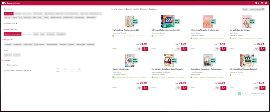 Screenshot des Geschenkefinders von Ex Libris als Beispiel für eine Guided Selling Software.