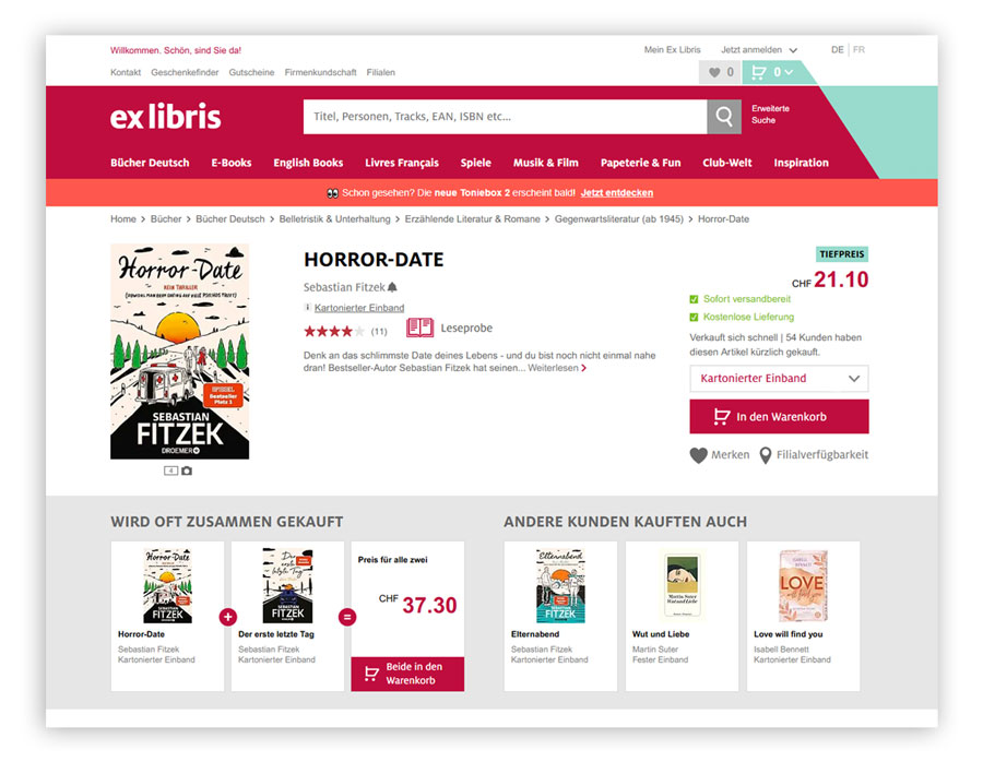 Screenshot der Produktdetailseite im Ex Libris Online Shop als Beispiel für wirkungsvolles Onsite Merchandising. Gezeigt werden Bundle-Angebote, Produktempfehlungen und ein Hinweis auf kürzliche Verkäufe. Zusätzlich sind Produktbewertungen und mehrere Produktbilder sichtbar.