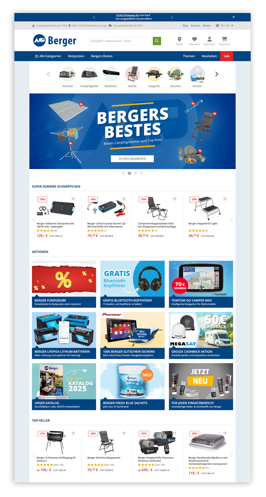 Screenshot der Startseite des Fritz Berger Online Shops als Beispiel für erfolgreiches Onsite Merchandising. Wichtige Kategorien werden prominent präsentiert, Top-Seller-Produkte hervorgehoben und aktuelle Sale-Artikel angezeigt.