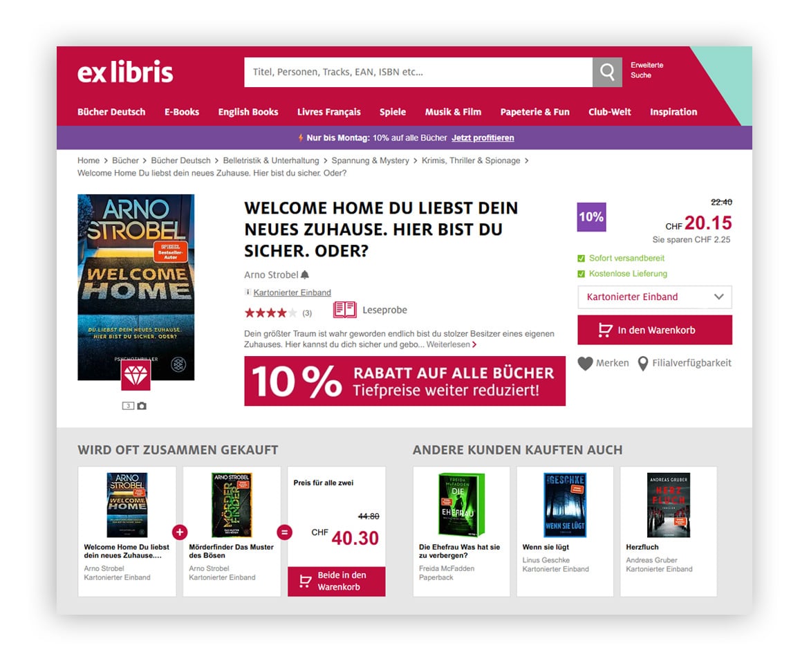 Screenshot einer Produktdetailseite im Ex Libris Online Shop mit Produktempfehlungen als Beispiel für eine Möglichkeit der Conversion-Optimierung.