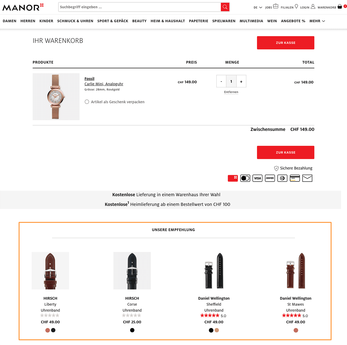 Das Bild zeigt einen Warenkorb bei Manor. Zum ausgewählten Produkt werden ergänzende Empfehlungen angezeigt.