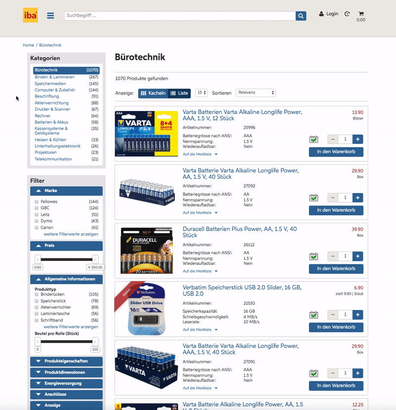 Die Animation zeigt, wie sich die Suchergebnisse im Online Shop von iba je nach gewählter Facettenoption anpassen.