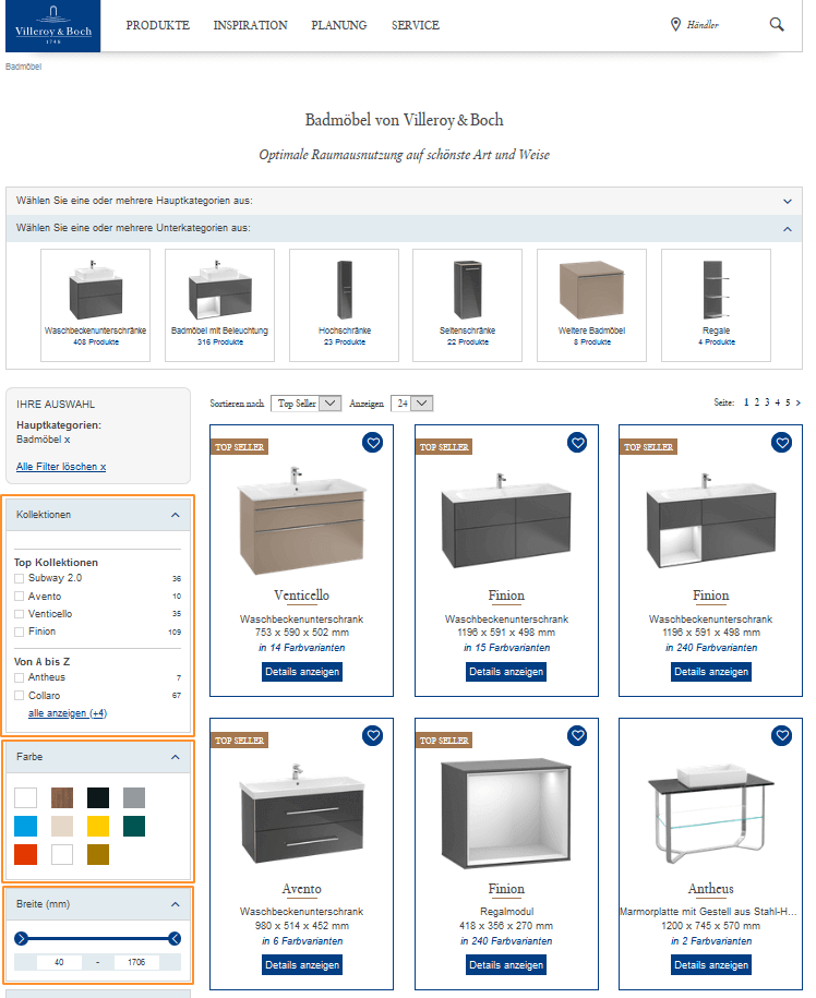 Der Screenshot zeigt die facettierte Suche im Online Shop von Villeroy & Boch, mit der die Nutzer Suchergebnisse gezielt und flexibel filtern können.