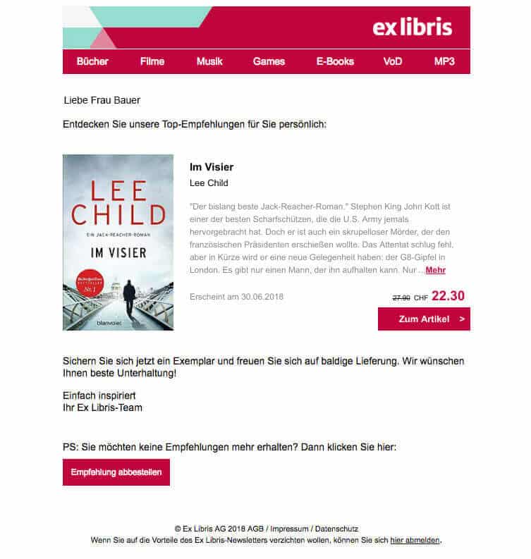 Screenshot einer personalisierten Nachricht einer E-Mail-Kampagne von Ex Libris, in der personalisiert eine Buchempfehlung ausgesprochen wird.