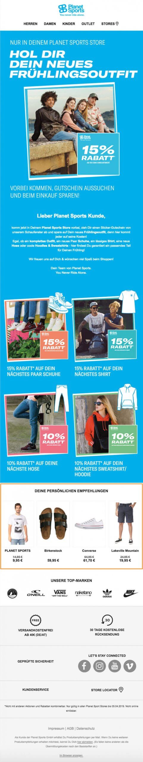 Screenshot einer E-Mail-Kampagne von Planet Sports, in der persönliche Empfehlungen ausgespielt werden.