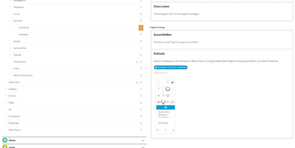 Der Screenshot zeigt die Eingrenzung der Ergebnismenge auf die Kategorie Armbänder bei dem Suchbegriff "Armband" im Ergebnismanagement des Control Desk.