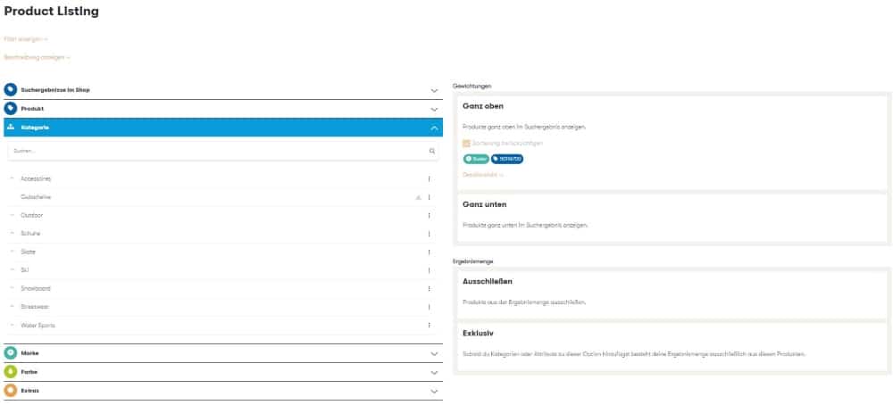 Der Screenshot zeigt die Auswahl von Produkten über Kategorien im Ergebnismanagement des Control Desk.