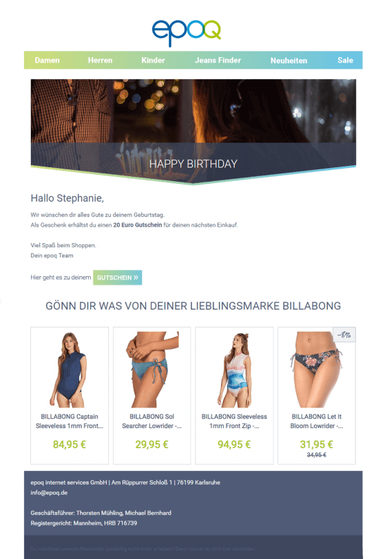Beispiel für eine Geburtstagsmail mit personalisiertem Inhalt wie persönlicher Ansprache und personalisierten Empfehlungen.