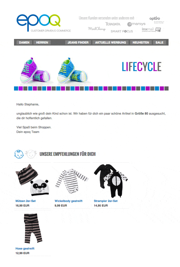 Ein Beispiel für eine Lifecycle-E-Mail mit individuellen Empfehlungen, die auf das Alter des Kindes angepasst sind.