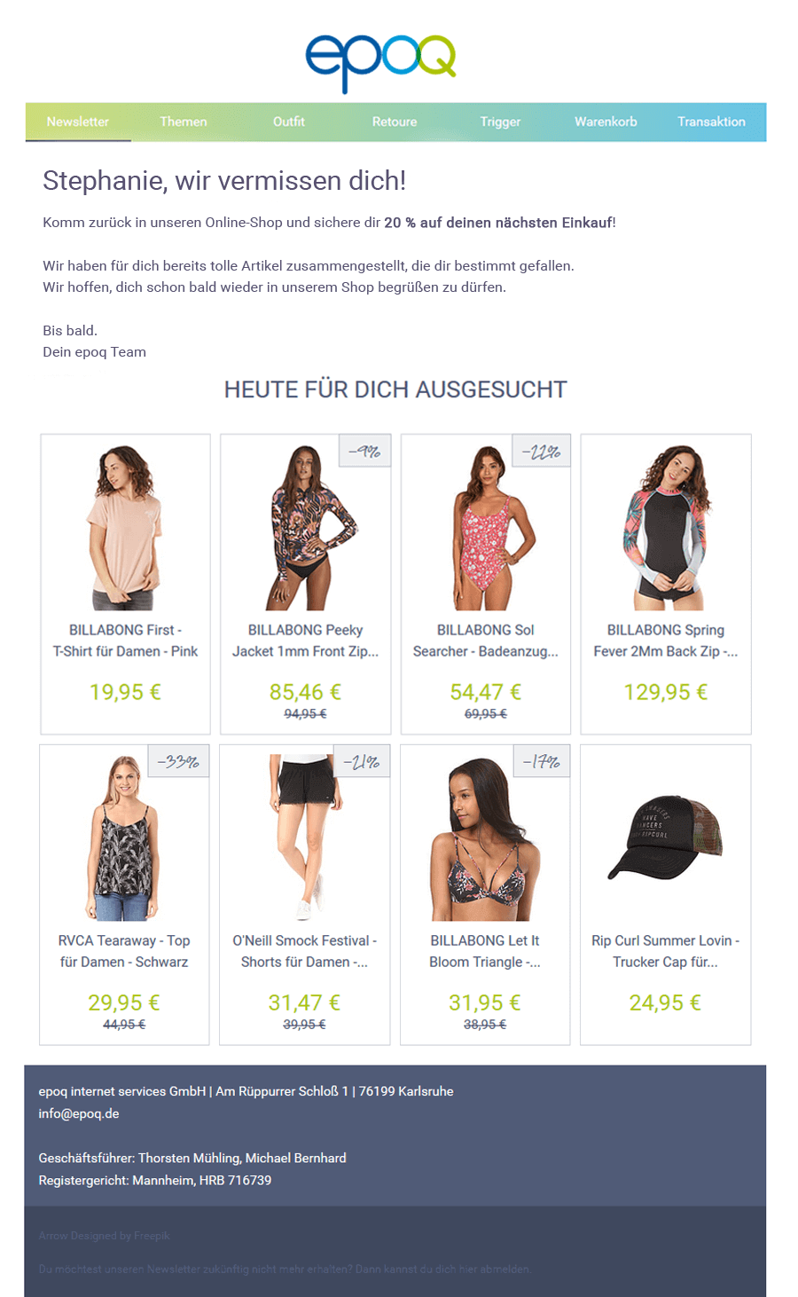 Ein Beispiel für eine Reaktivierungsmail im Stil "Wir vermissen dich", die einen Anreiz in Form eines Rabattes sowie persönliche Empfehlungen enthält.