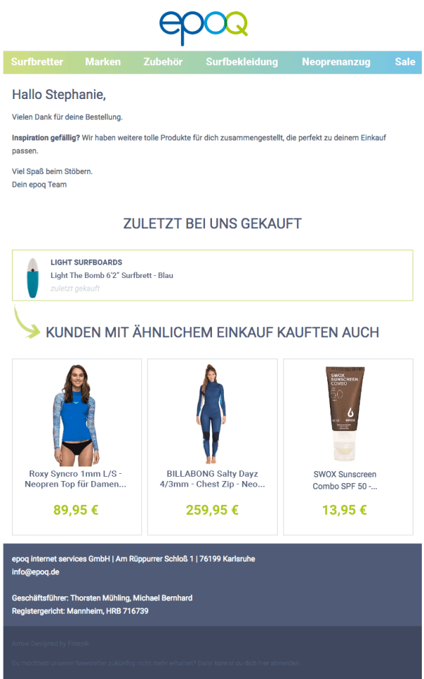 Ein Beispiel für eine Bestellbestätigungsmail, die passende Empfehlungen zu dem bestellten Produkt enthält.