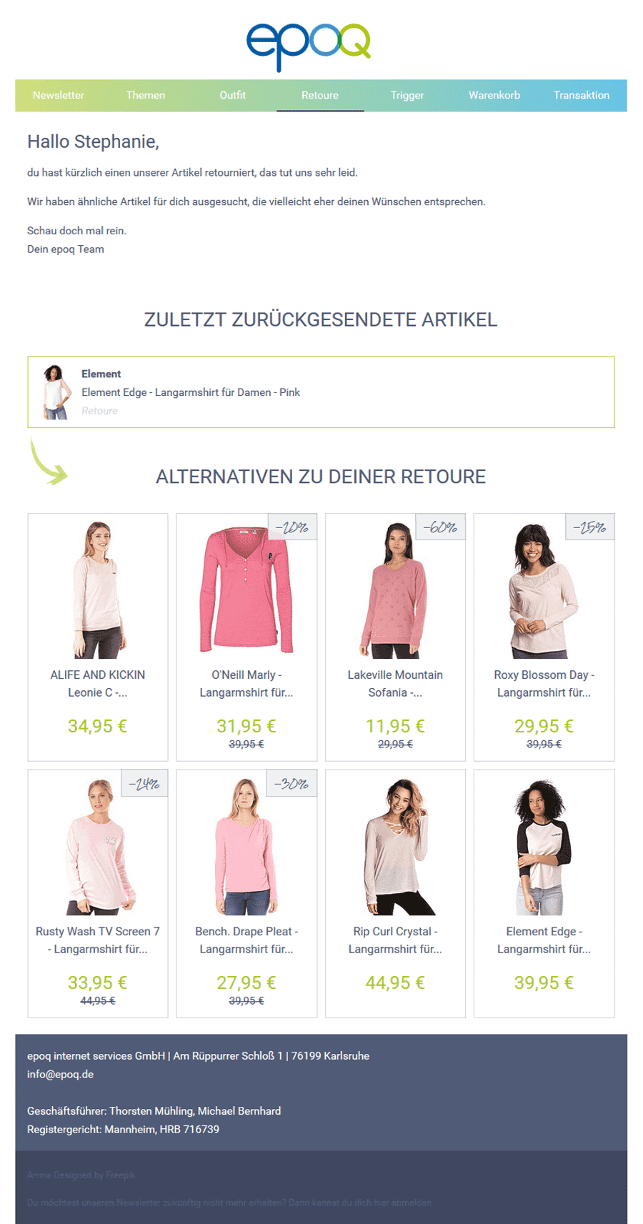 Ein Beispiel für eine Transaktionsmail in Form einer Retourenmail mit personalisierten Empfehlungen.