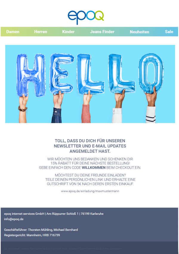 Ein Beispiel für eine Willkommensmail, die man nach der Registrierung für den Newsletter erhält.