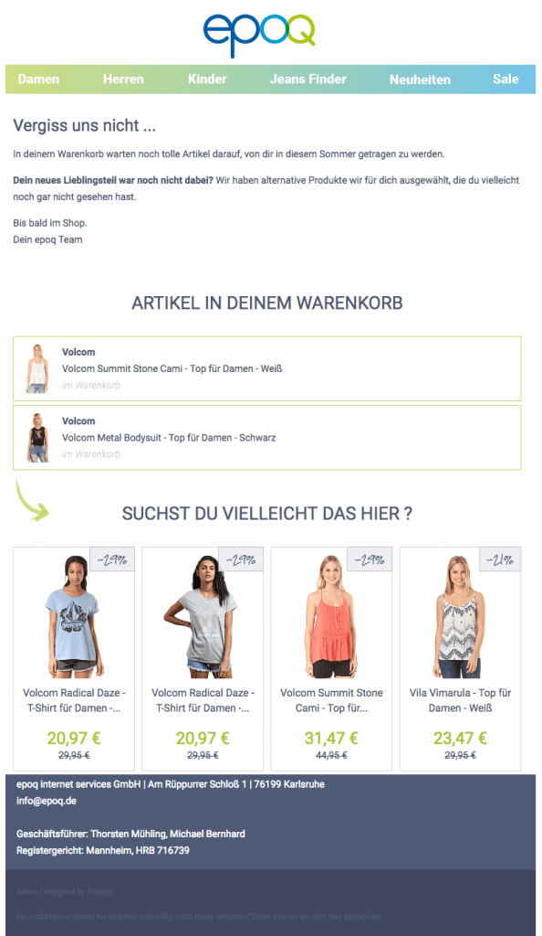 Ein Beispiel für eine Warenkorbabbruch-Mail als Erinnerung an den stehen gelassenen Warenkorb und mit personalisierten Empfehlungen.