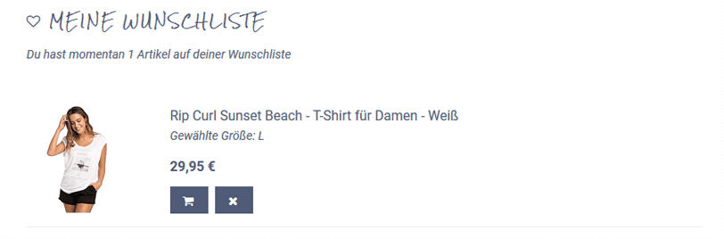 Der Screenshot zeigt einen Ausschnitt aus dem epoq Demo Shop, wobei der Merkzettel mit einem hinzugefügten Produkt zu sehen ist.
