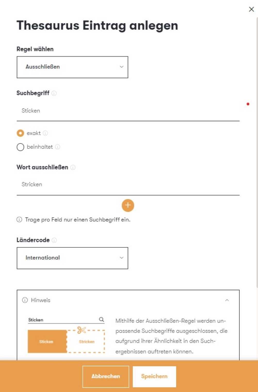 Der Screenshot zeigt einen Ausschnitt des Thesaurus im epoq Control Desk. Dargestellt wird ein Beispiel für die Regel Ausschließen.
